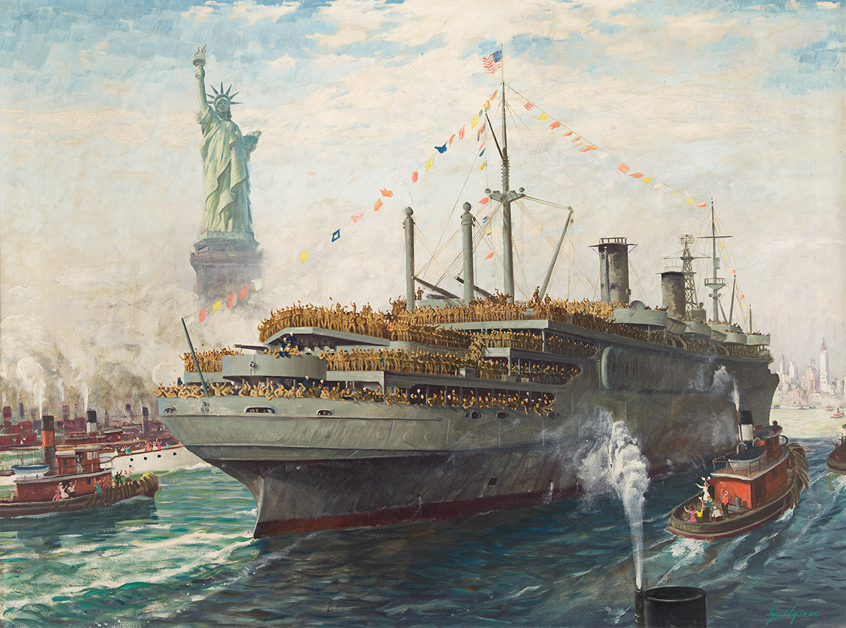 JOHN FORD CLYMER (1907-1989) U.S. Troops Triumphant Return to New York Harbor.